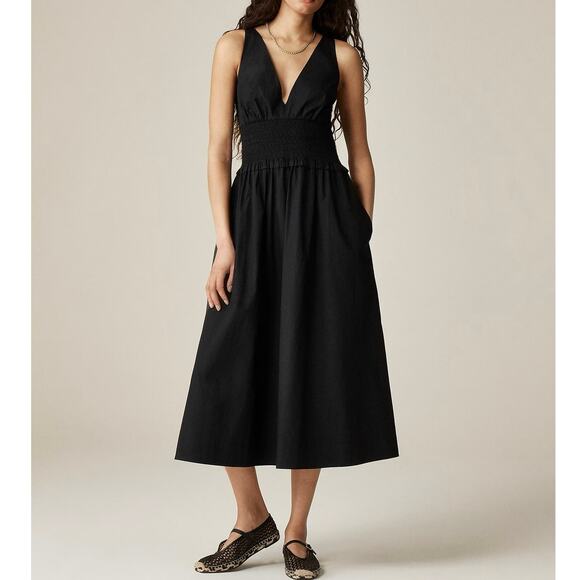 J. Crew Dresses & Skirts - NWT J.Crew Plunge Smocked Waist 100% Cotton Poplin Midi Dress Black Size Medium